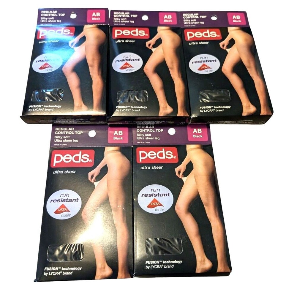 5X PEDS Regular CONTROL TOP Silky Soft Ultra Sheer Leg Size AB Black NEW